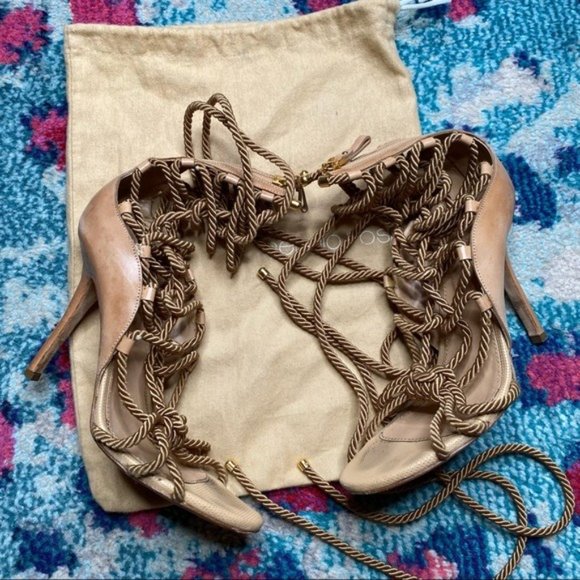 Sergio Rossi Opanca Lace Up Sandals in Beige - Picture 4 of 9